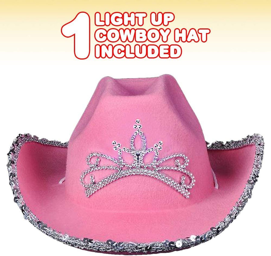 Light-Up Pink Cowboy Hat for Girls - Sparkly Cowgirl Hat with Sequins and a Dazzling LED Tiara - Cute Cowgirl Birthday Party Hat for Girls - Fun Shiny Cowgirl Costume Accessory