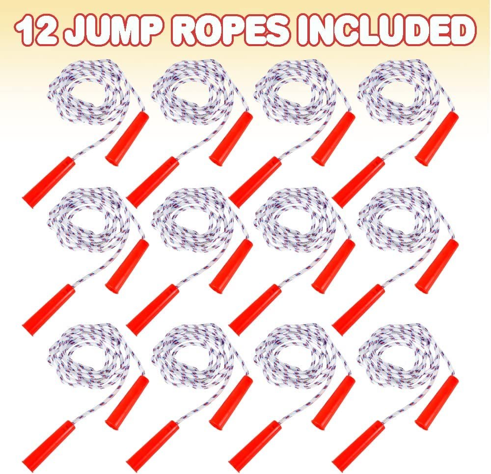 84" Nylon Ropes for Kids - Pack of 12 - Durable Jump Ropes with Plastic Handles - Healthy Indoor and Outdoor Skipping Activity, Party Favors, Gifts for Boys and Girls