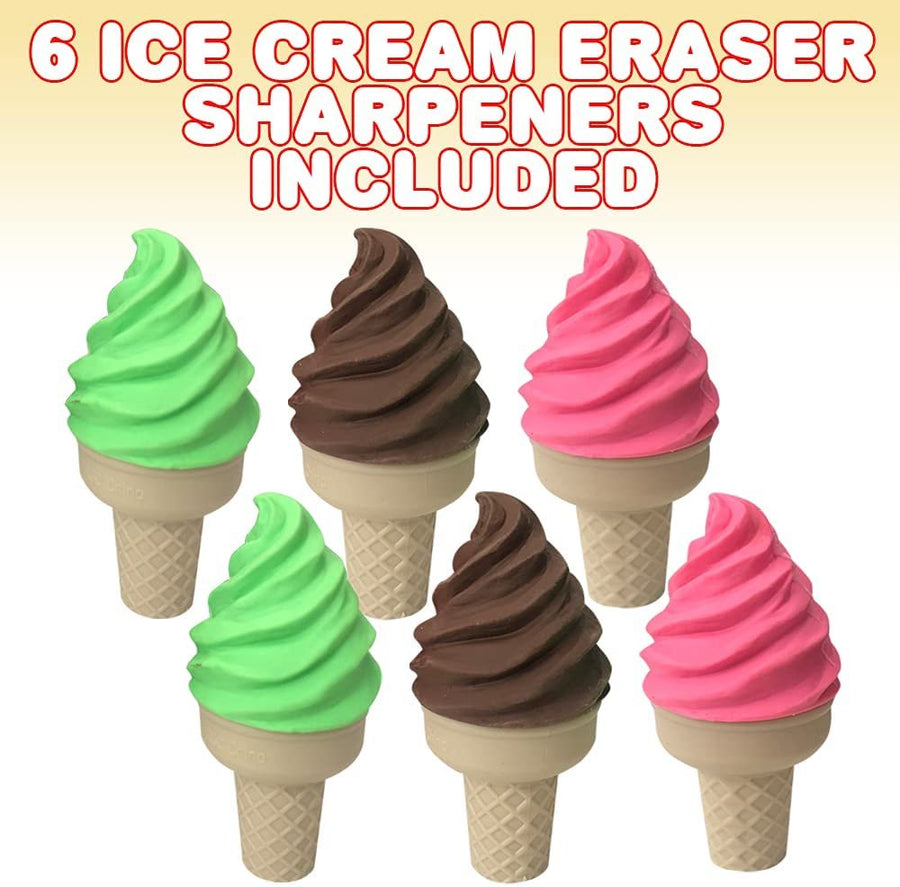 Ice Cream Erasers with Sharpeners, Set of 6, Esthetic School Supplies for Kids, Ice Cream Party Favors for Boys and Girls, Pinata Fillers, Teacher Awards, and Holiday Stocking Stuffers