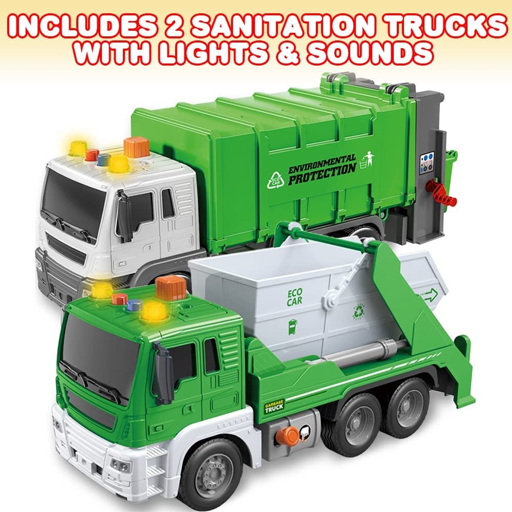 Sanitation Trucks Set, Pack of 2, Light Up Garbage Trucks for Boys and Girls with Movable Parts, Sound, and LEDs, Push and Go Toy Sanitation Truck Set, Car Toys for Kids Ages 3 and Up