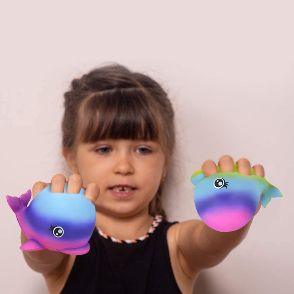 Squish Dolphins, Set of 2, Slow Rising Stress Relief Toys for Kids, Squeezable Dolphin Birthday Party Favors and Goodie Bag Fillers, Rainbow Colors