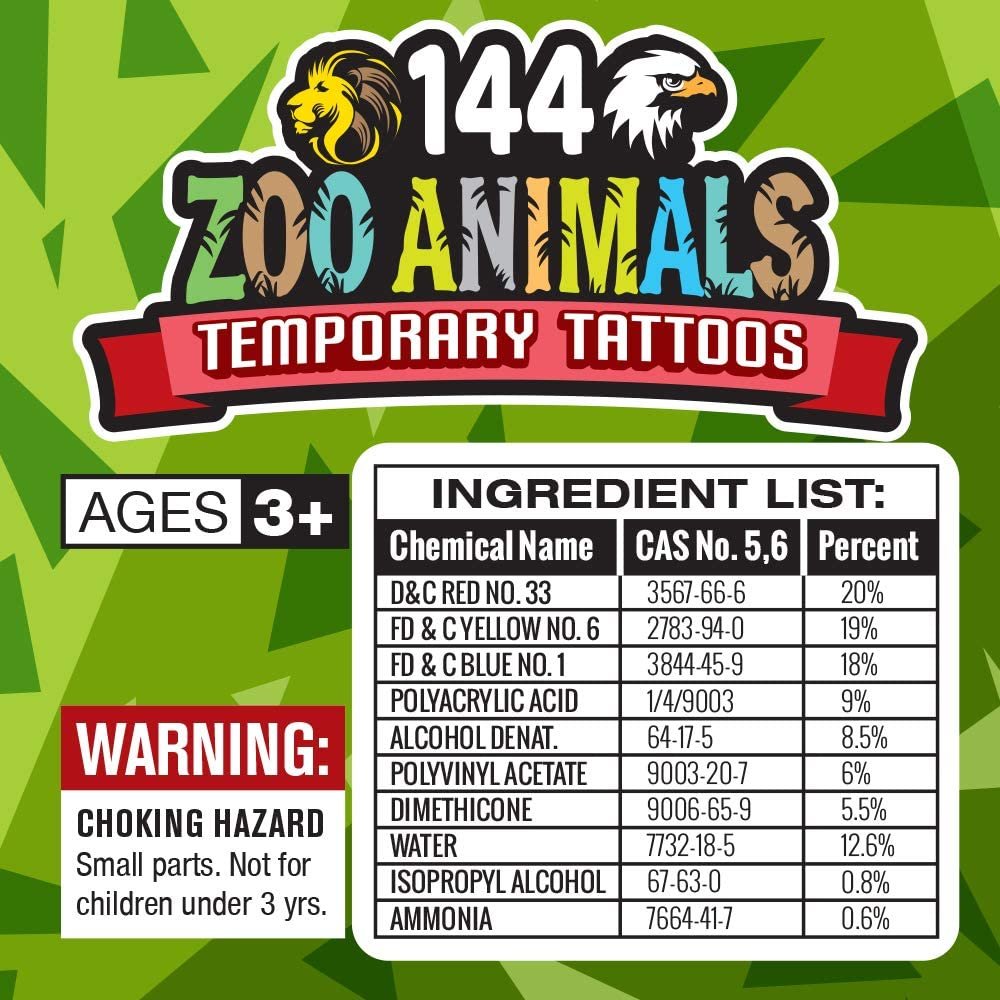 Zoo Animal Temporary Tattoos for Kids - Bulk Pack of 144 Tattoos in Assorted Designs, Non-Toxic 2" Tats, Birthday Party Favors, Goodie Bag Fillers, Non-Candy Halloween Treats