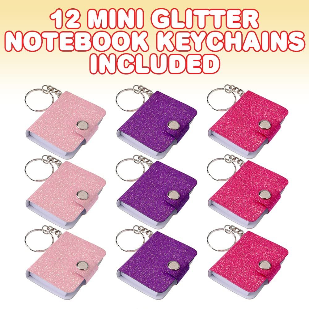 Mini Glitter Notebook Keychains, Set of 12, Miniature Note Book Keychains with 100 Unlined Pages and Glittery Finish, Party Favors and Keychain Accessories for Boys and Girls