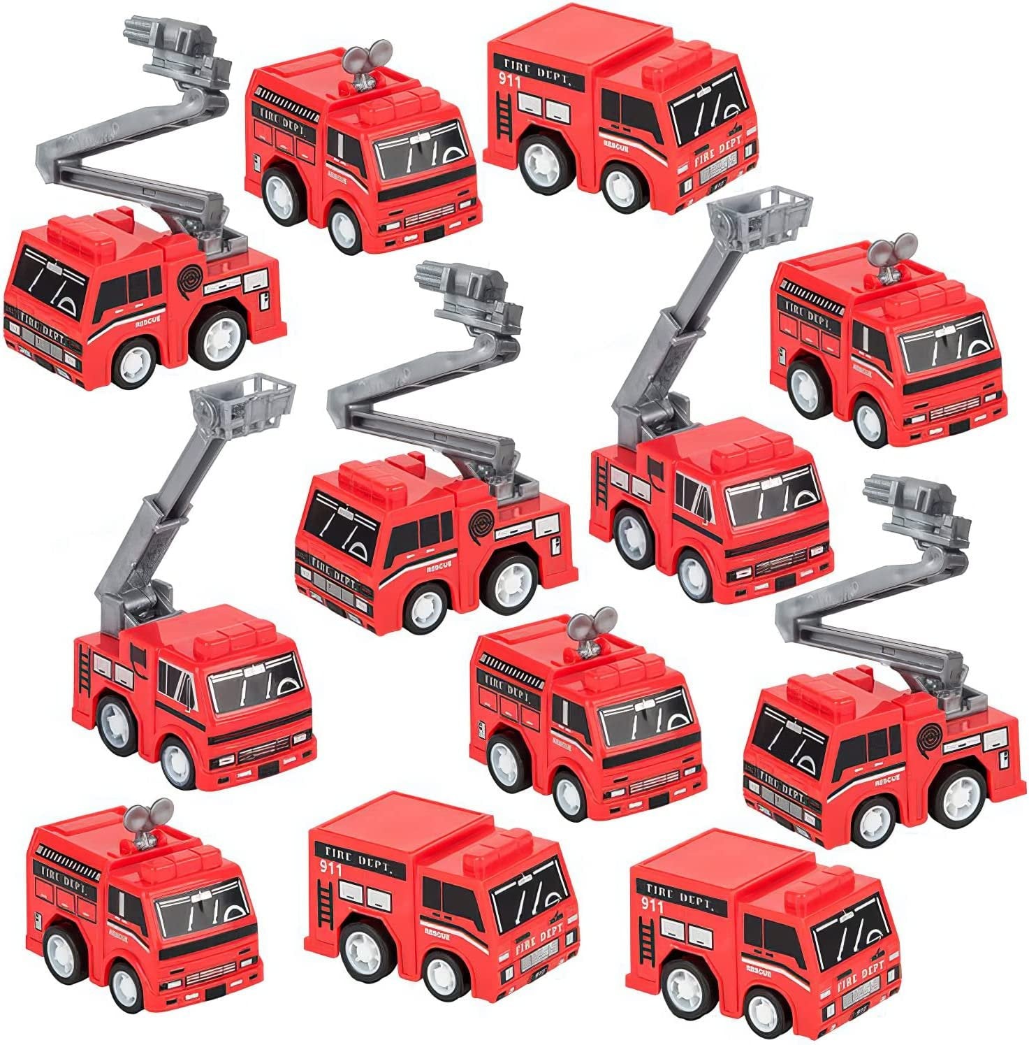 Mini Pullback Fire Engine Toy Trucks, Bulk Pack of 24, Firefighter Birthday Party Supplies and Favors, Firetruck and Fireman Favors and Goodie Treat Bag Fillers for Kids Ages 3+