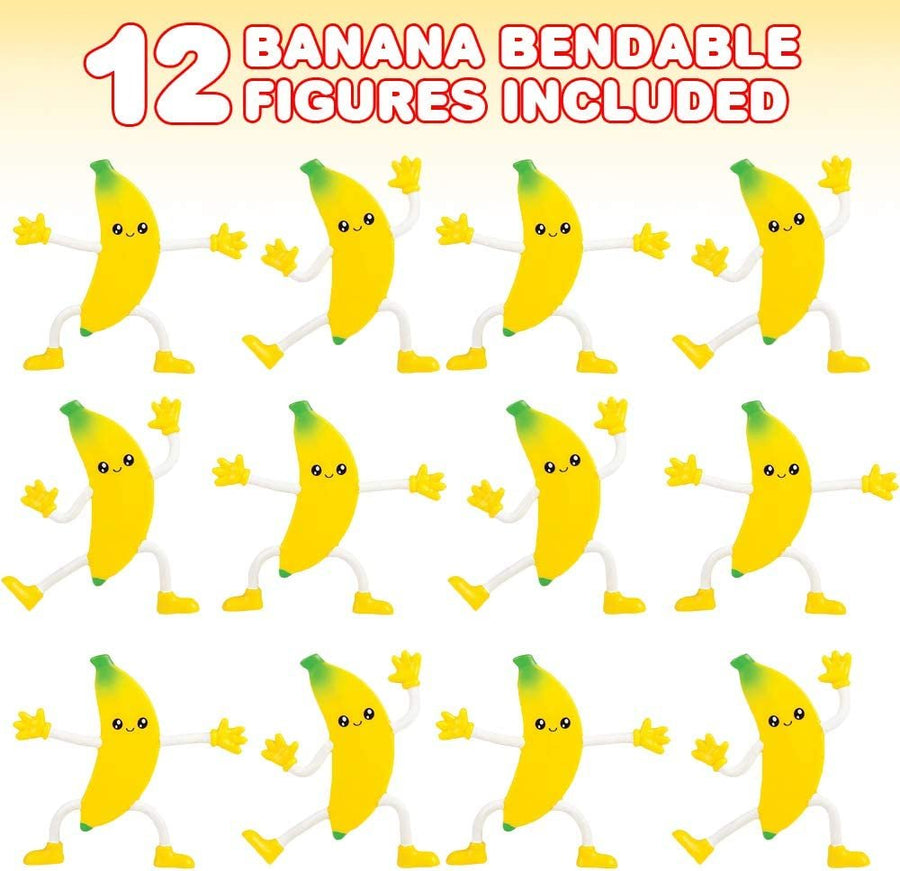 Bendable Banana Figures, Set of 12 Novelty Fruit Shaped Bendy Figurines, Stress Relief Fidget Toys for Kids, Birthday Party Favors, Goodie Bag Stuffers, Piñata Fillers for Boys and Girls