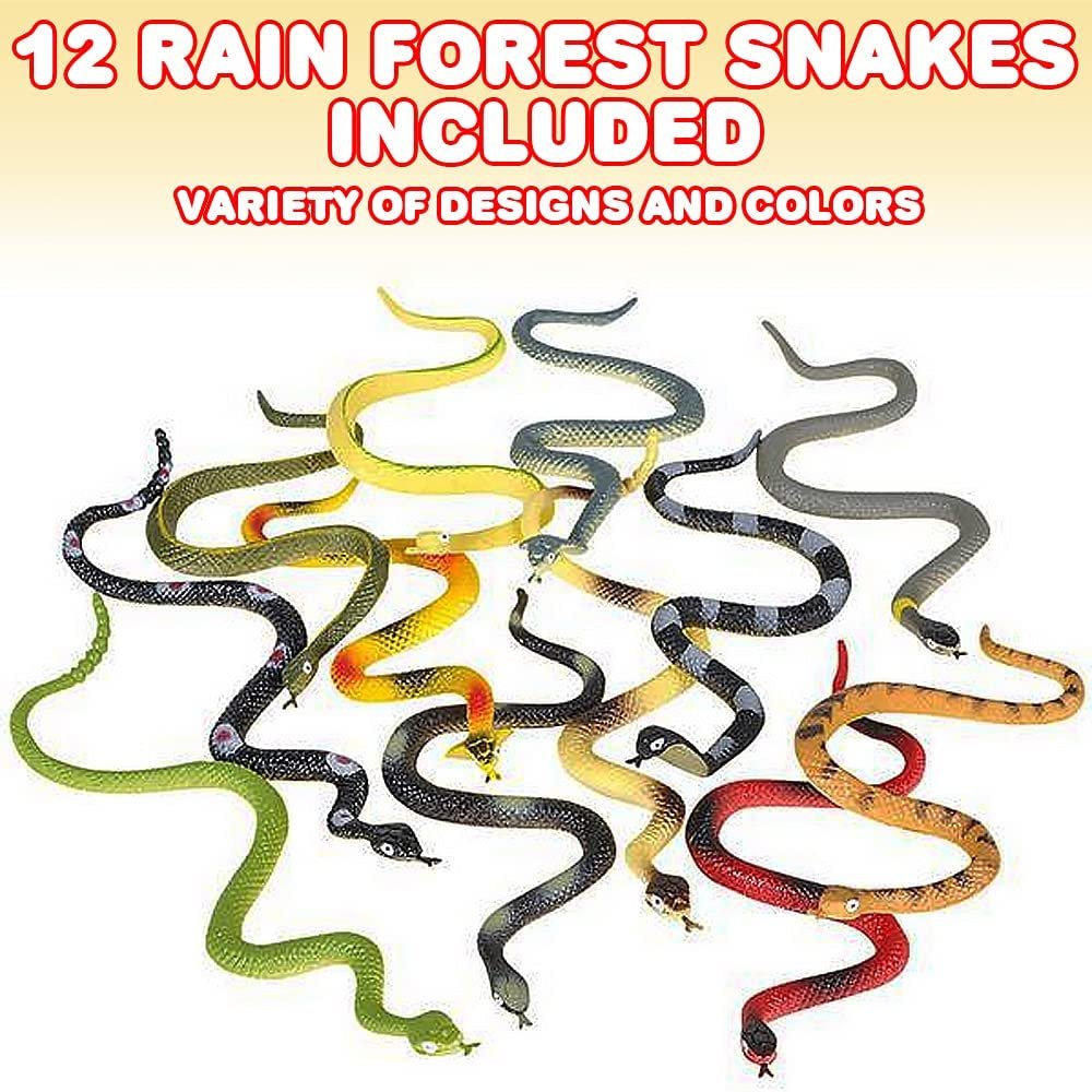 Realistic Rainforest Rubber Snake Toys, Pack of 12, 8"es Long, Real Look Scales, Reptile Birthday Party Favors, Fake Prank Prop, Gift Idea for Boys and Girls