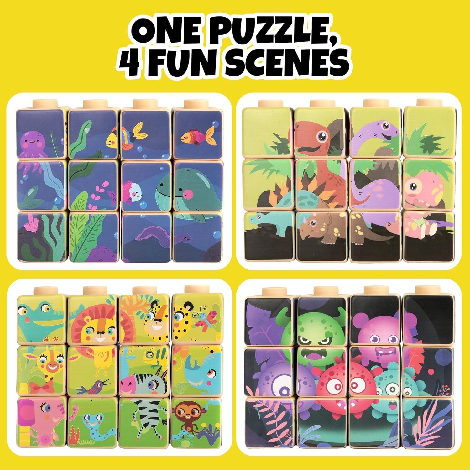 Silicone Picture Puzzle Blocks for Kids, 12 Stacking Blocks with Four Different Pictures Printed on The Sides, 2" Soft Toy Building Blocks for Toddlers