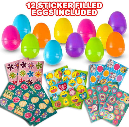 ArtCreativity 3 Inch Plastic Prefilled Easter Eggs with Stickers Inside - Set of 12 - Assorted Vibrant Colors - Fun Surprise Toys for Kids - Egg Hunt Supplies, Party Favors Toys for Boys and Girls