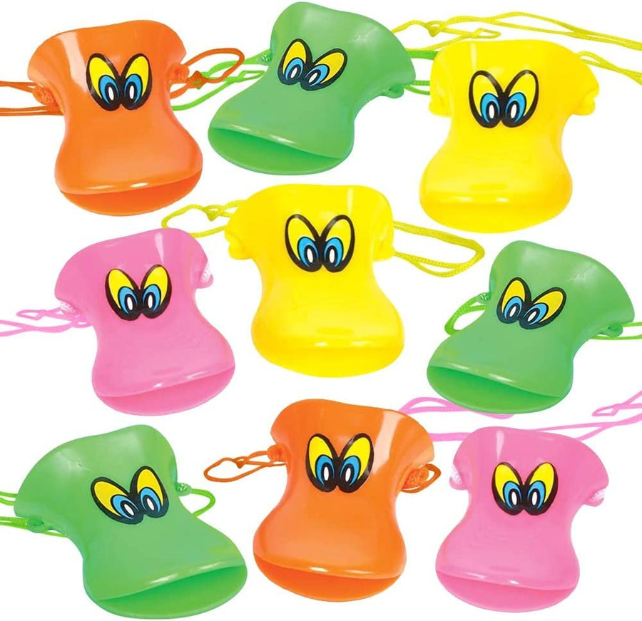 Duck Beak Whistles with Nylon Cord, Pack of 12, Durable Plastic Duck Noise Maker Whistles, Bright Assorted Colors, Birthday Party Favors, Treasure Box Prizes for Kids