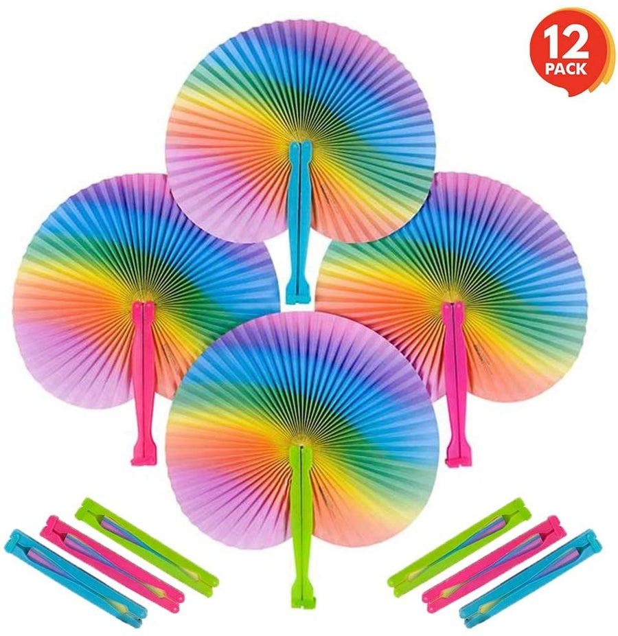 Rainbow Folding Fans Set - Pack of 12 - With Plastic Shafts - Cool Summer Contraption - Handheld Paper Fan - Hot New Party Favor and Prize - Fun Novelties and Gifts for Kids Ages 3+