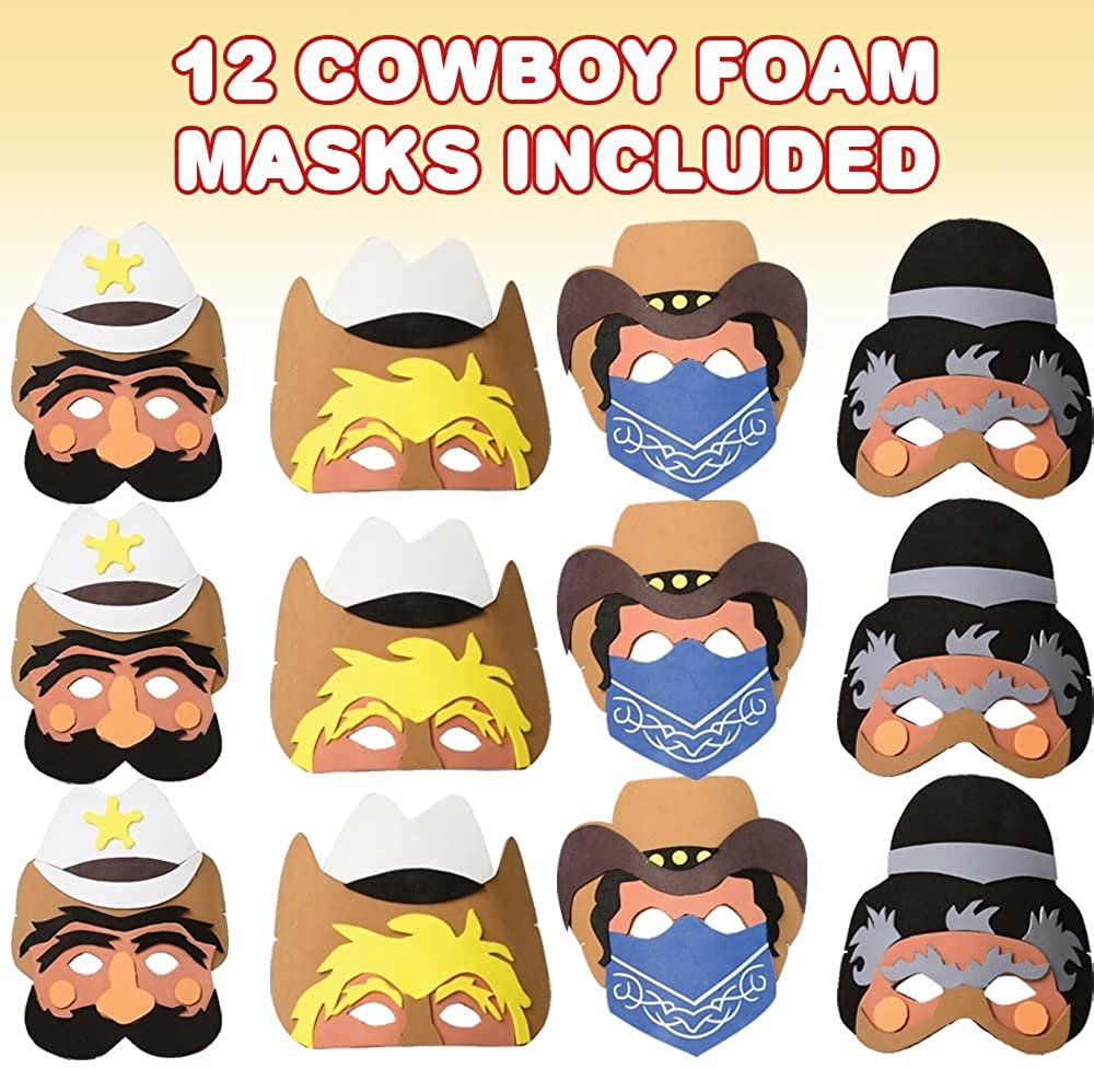 Cowboy Masks for Kids, Set of 12, Kids’ Foam Face Masks with Elastic Bands in 4 Designs, Cowboy Costume Accessories and Western Party Supplies, Cowboy Toys for Boys and Girls