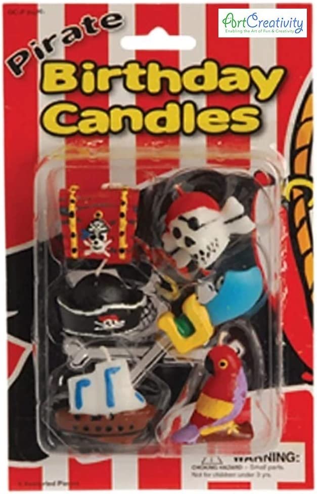 Pirate Birthday Cake Candles, Set of 6, Assorted Pirate Cake Toppers with Treasure Chest, Sword, Skull, Hat, Ship, and Parrot Candle, Cool Pirate Party Supplies and Decorations