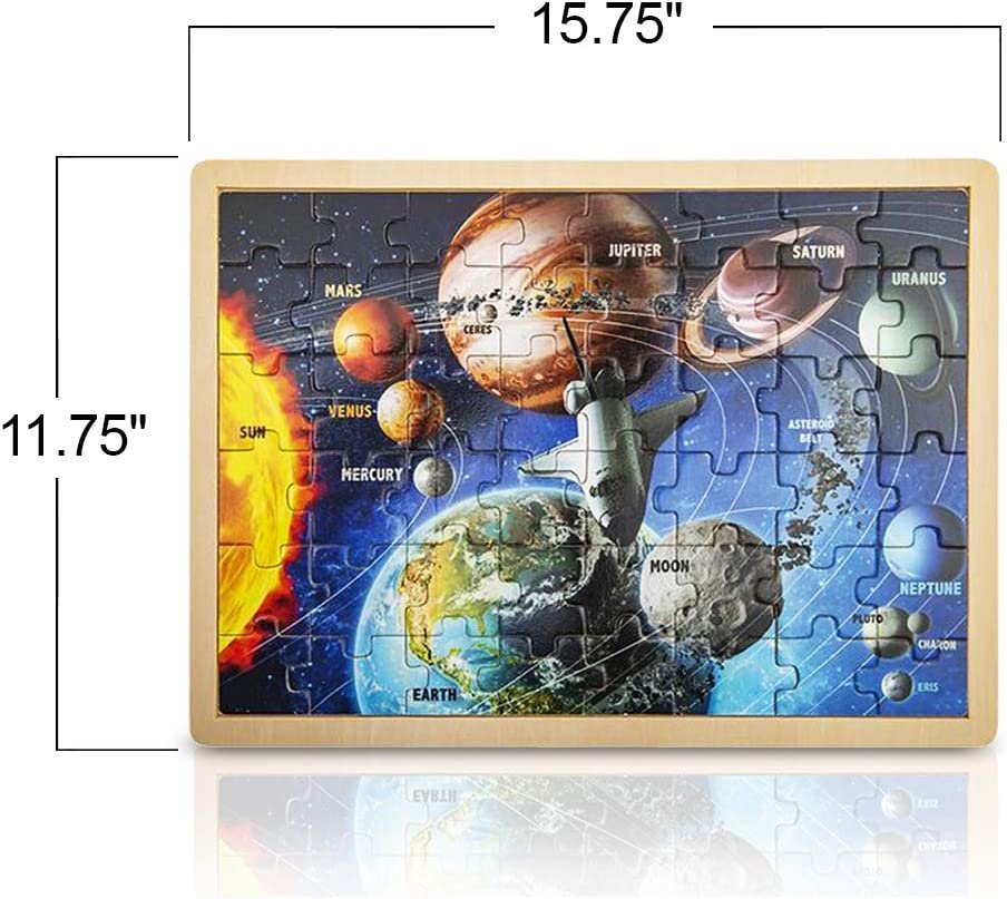 Gamie 48-Piece Wooden Space Puzzle for Kids with Storage Tray, Wood Solar System Puzzle for Boys and Girls, Educational Learning Toys, Best STEM Activities for Children