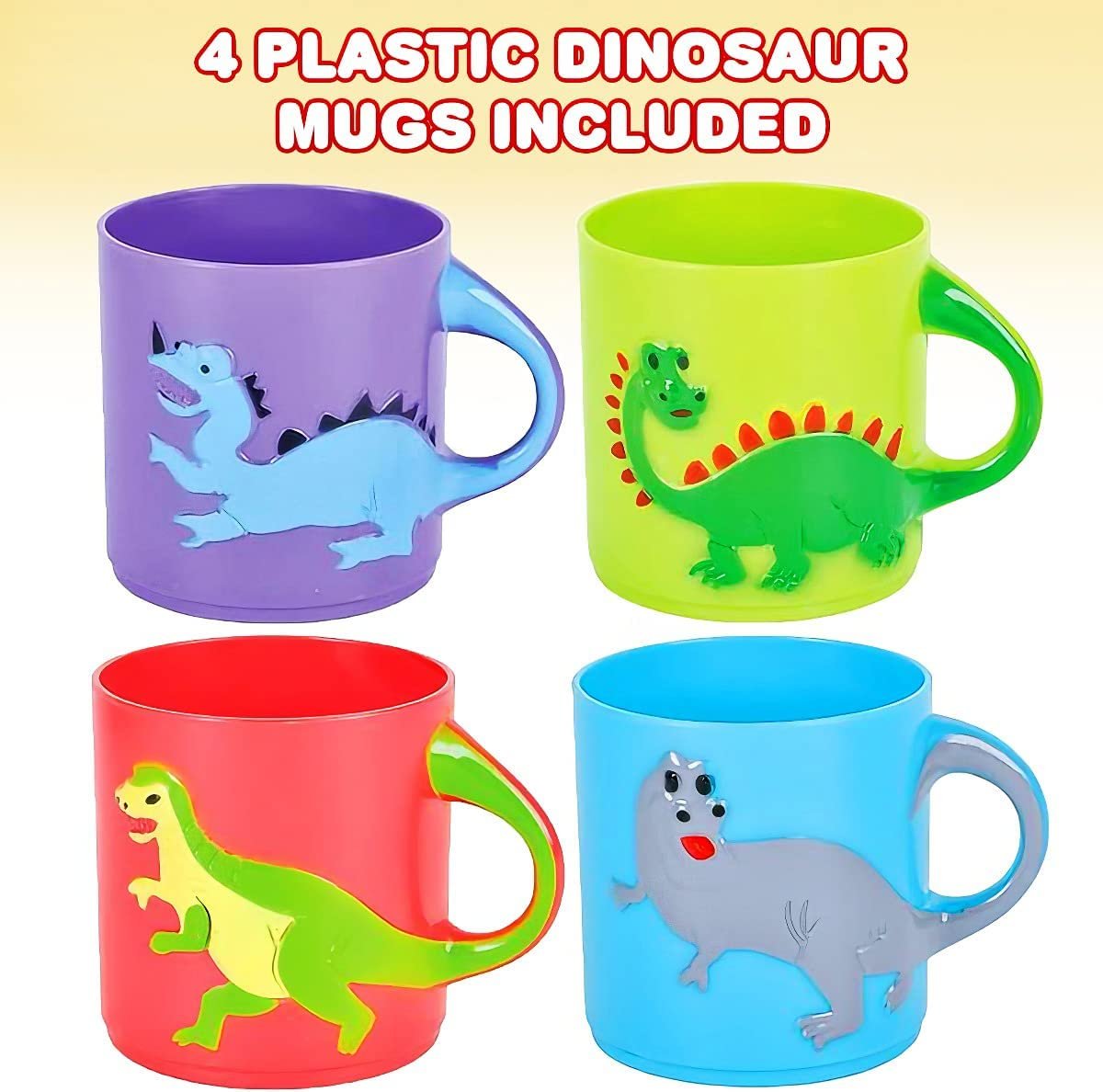 ArtCreativity Dinosaur Mugs for Kids, Set of 4, Plastic Dino Cups in Assorted Colors & Designs, Dinosaur Party Favors, Dinosaur Gifts for Boys and Girls, Unique Table Decorations for Themed Parties