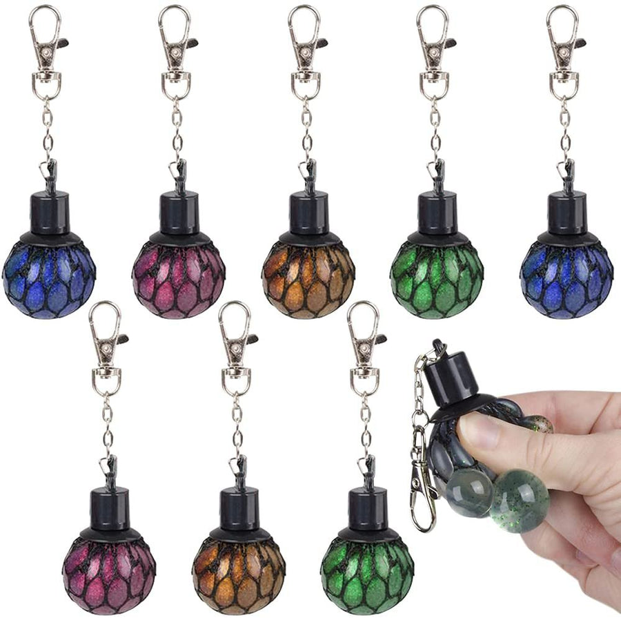 Mesh Squeeze Ball Keychains for Kids, Set of 8, Key Chains with Squeeze Ball Fidget Toy, Stress Relief Toys for Kids and Adults, Keyholder Birthday Party Favors, Goodie Bag Fillers