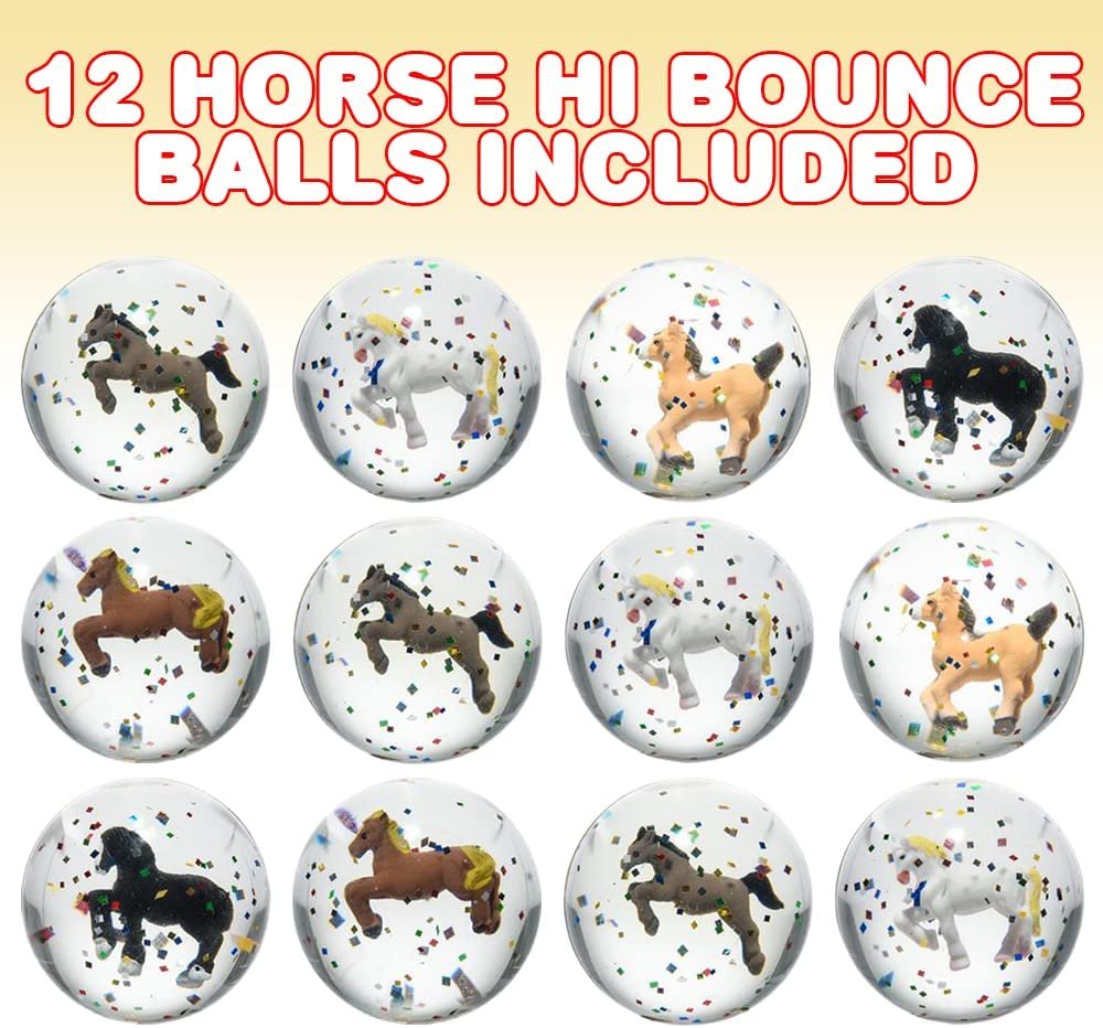 Horse High Bounce Balls, Set of 12, Balls for Kids with 3D Horse Inside, Outdoor Toys for Encouraging Active Play, Animal Party Favors and Pinata Stuffers for Boys and Girls