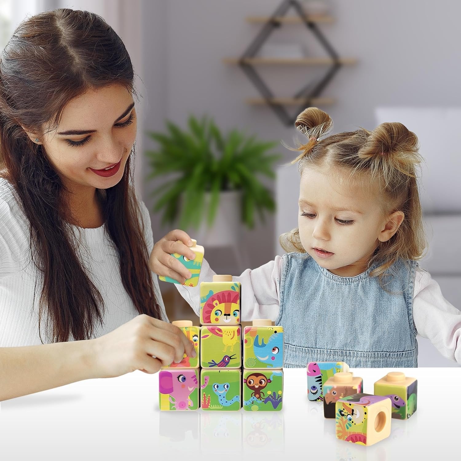 Silicone Picture Puzzle Blocks for Kids, 12 Stacking Blocks with Four Different Pictures Printed on The Sides, 2" Soft Toy Building Blocks for Toddlers