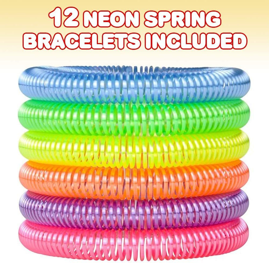 Neon Spring Bracelets - Pack of 12 Elastic Plastic Wristbands in Assorted Neon Colors - Fun Party Favor, Carnival Prize, Goodie Bag Fillers, for kids and adults