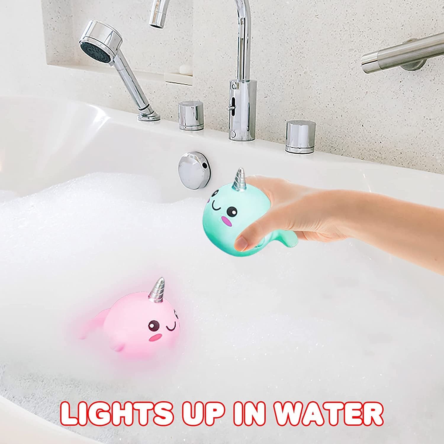 Light Up Narwhal Bath Toys for Kids, Set of 2, Cute Bathtub Toys with Fun LEDs, Bath Tub Toys for Boys and Girls, Cool Narwhal Birthday Party Favors, Goodie Bag Fillers for Children