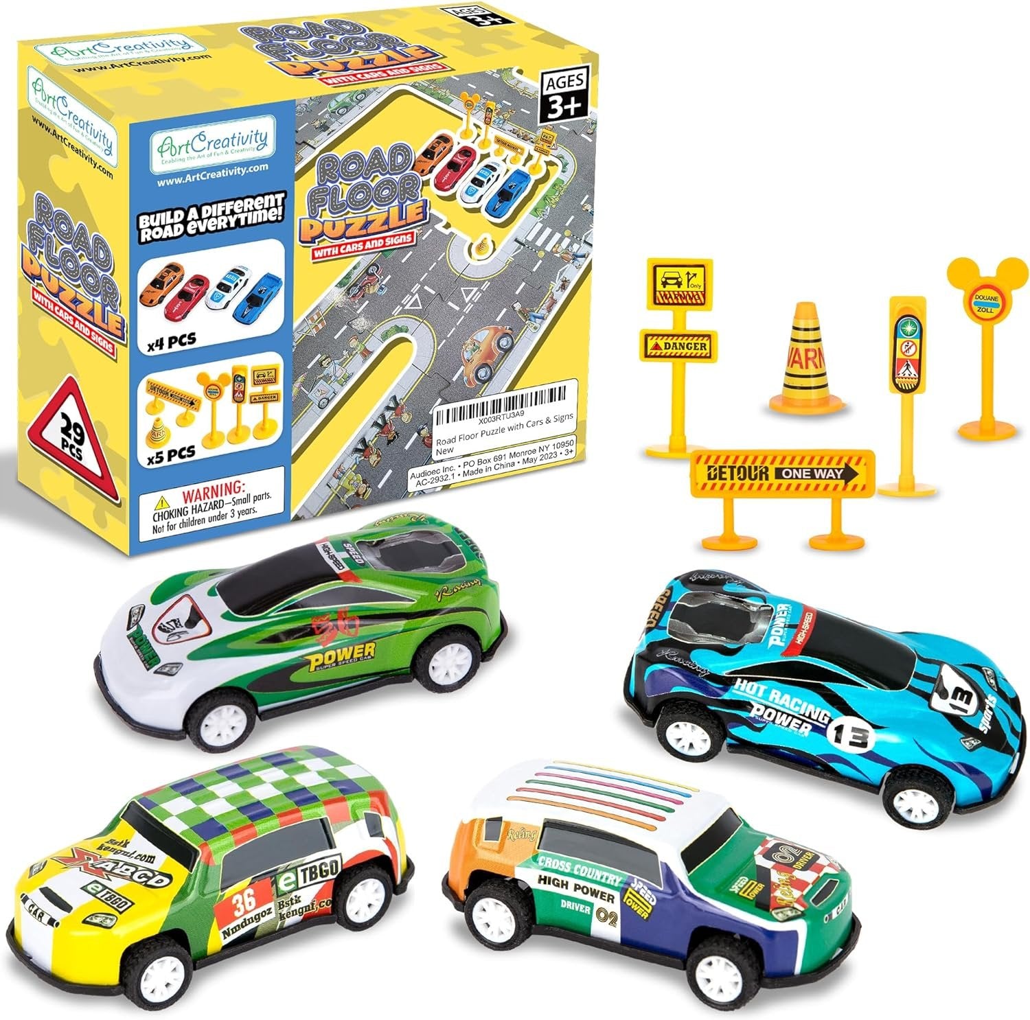 Puzzle Track Car Play Set for Kids - 29 Piece Set with 4 Floor Puzzle Cars, 5 Traffic Accessories, and 20 Cardboard Puzzle Pieces - Toddler Floor Puzzle Tracks with Vehicles
