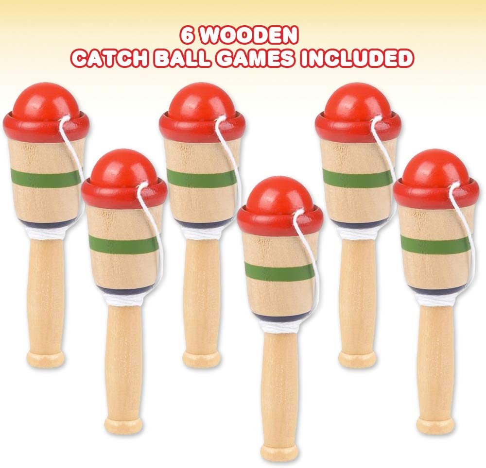 ArtCreativity Mini Wooden Catch Ball Game, Set of 6, Vintage Catch Toys for Kids, Wood Design, Indoor and Outdoor Games for Backyard, Park, and Beach Fun, Best Gift Idea