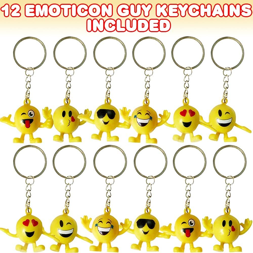 Emoticon Guy Keychains, Set of 12, Fun Key Chains for Backpack, Purse, Luggage, Cool Birthday Party Favors, Goodie Bag Fillers, Prize for Boys and Girls