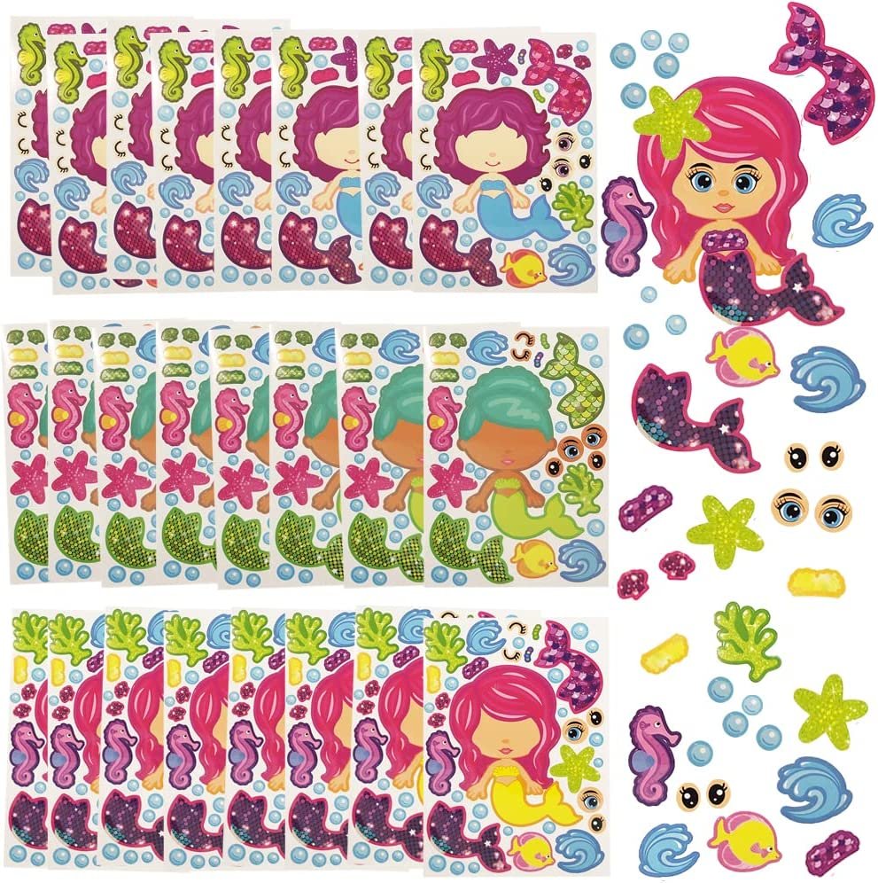 Make Your Own Mermaid Sticker Set, 24 Sheets, Customizable Mermaid Stickers for Girls, Fun Crafts Classroom Activity, Mermaid Party Favors for Kids, Goodie Bag Fillers, Teacher Reward