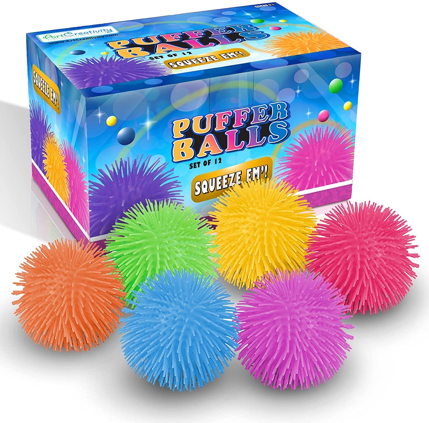 Puffer Balls - Pack of 12 - Spiky, Soft and Squeeze Stress Relief Balls for Kids and Adults - Calming Sensory Balls for Autistic Children, Birthday Party Favors for Boys and Girls