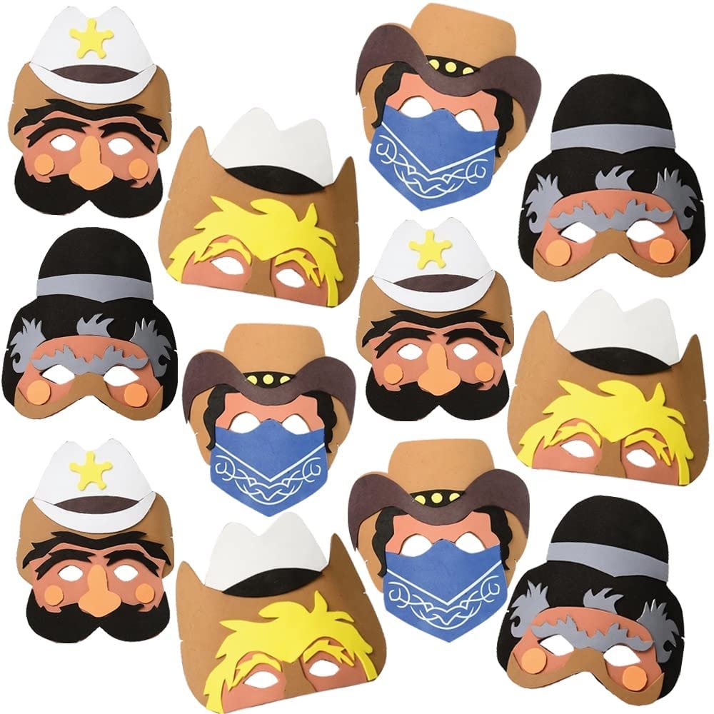 Cowboy Masks for Kids, Set of 12, Kids’ Foam Face Masks with Elastic Bands in 4 Designs, Cowboy Costume Accessories and Western Party Supplies, Cowboy Toys for Boys and Girls