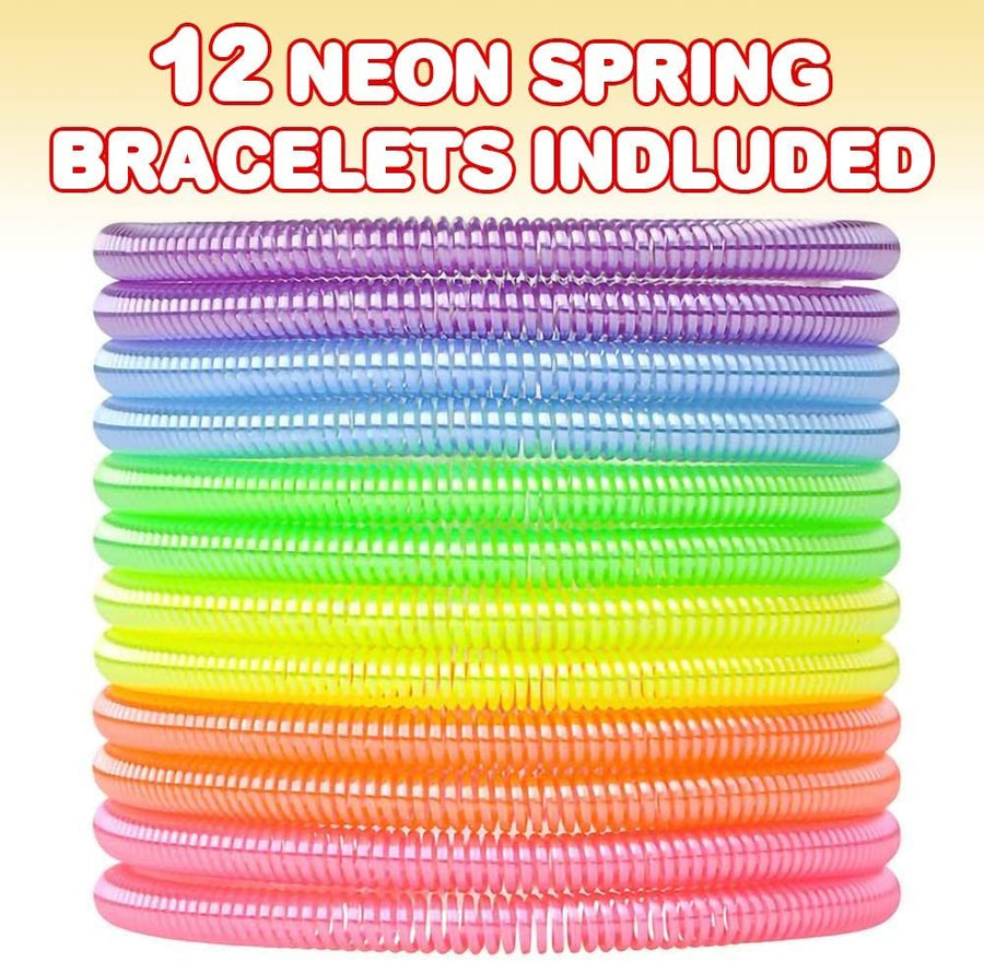 Spring Bracelets - Pack of 12 Elastic Plastic Wristbands in Assorted Neon Colors - Fun Party Favor, Carnival Prize - Amazing Gift for kids, adults