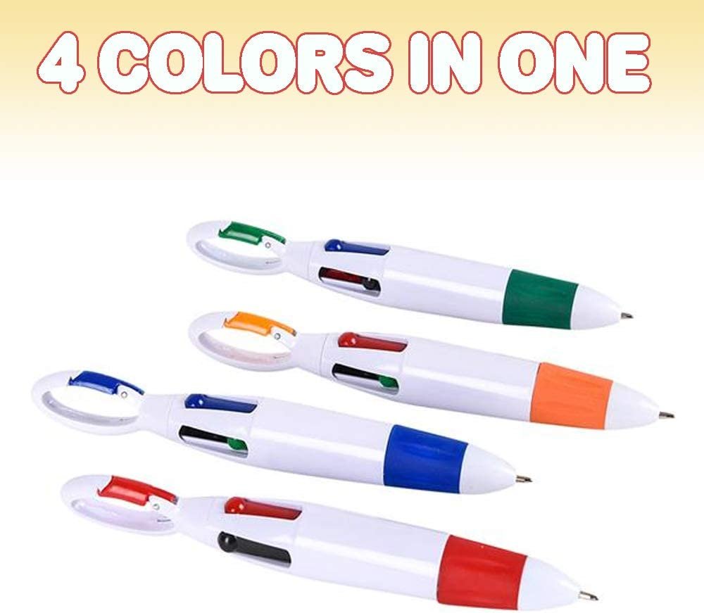 4-in-1 Multicolor Retractable Pen with a Cool Carabiner Hook - Pack of 12-4 Color Ball Point Shuttle Pens for Kids - Stationery Supplies, Birthday Party Favors for Boys and Girls