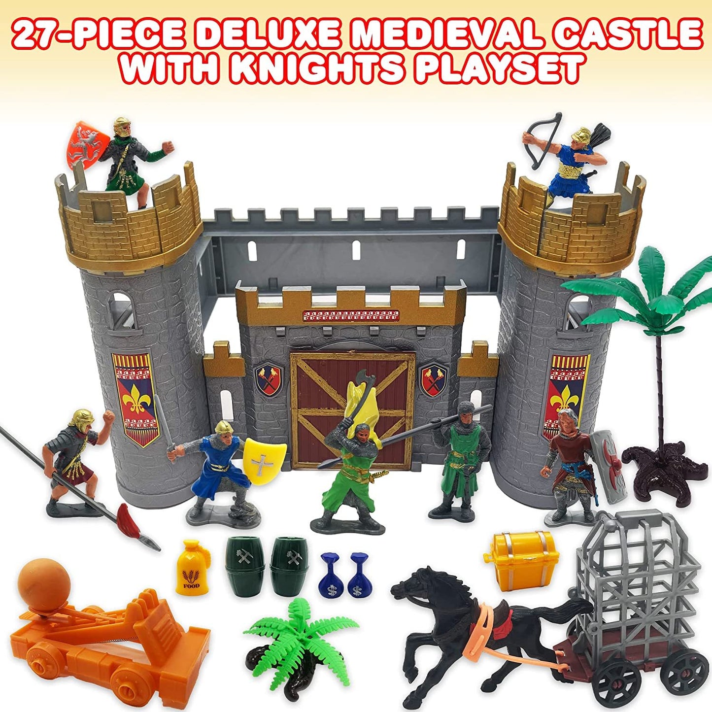 ArtCreativity Medieval Castle Knights Playset for Kids, 27-Piece Deluxe Action Figure Play Set with Storage Bucket, Assembly Castle, 6 Knight Action Figures, Horse Drawn Carriage, Catapult, and More