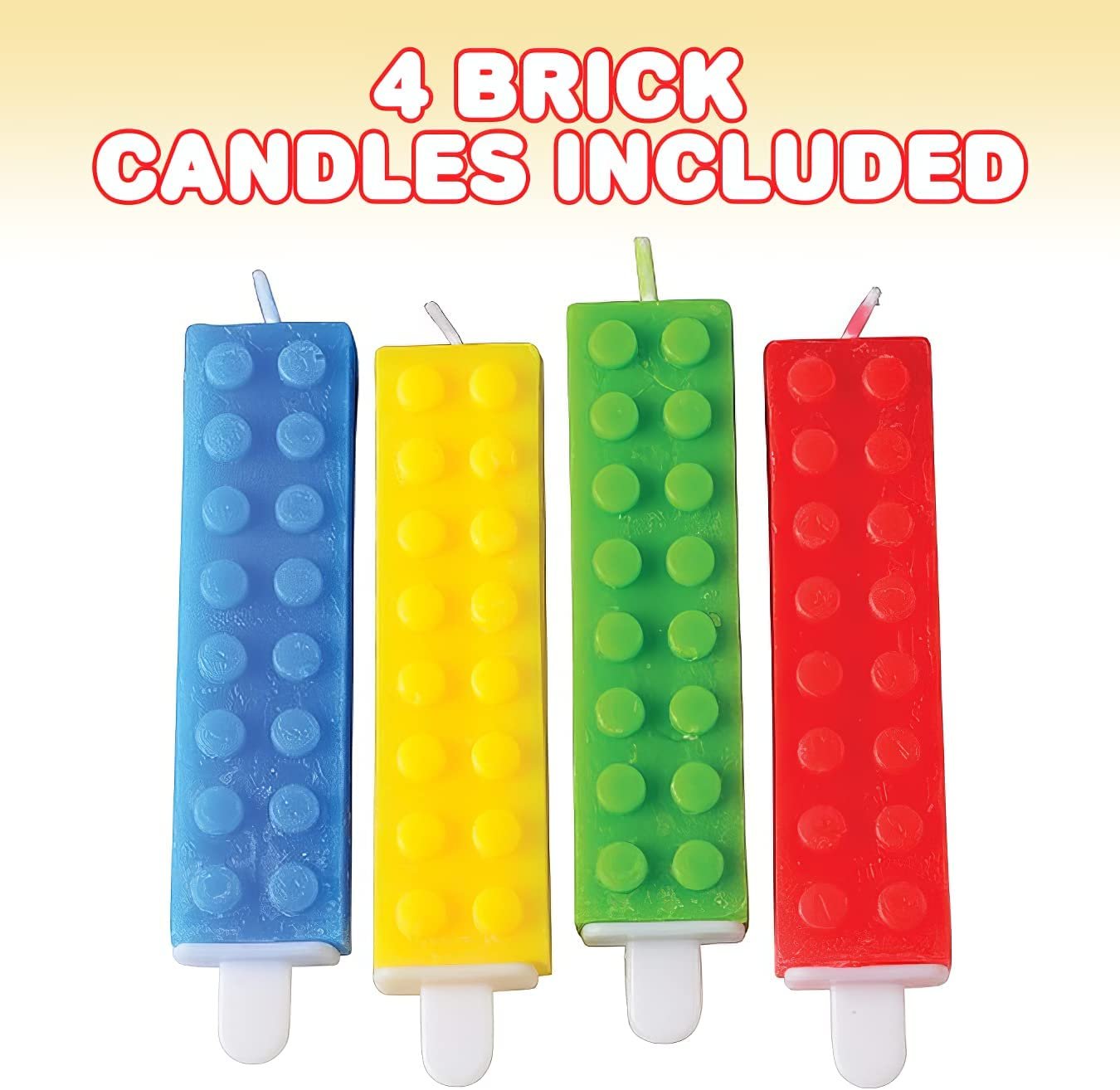 Brick Candles, Building Block Themed Birthday Cake Candles - Pack of 4 - Red, Yellow, Green, and Blue Brick Party Candles, Colorful Building Block Birthday Party Supplies and Decoration