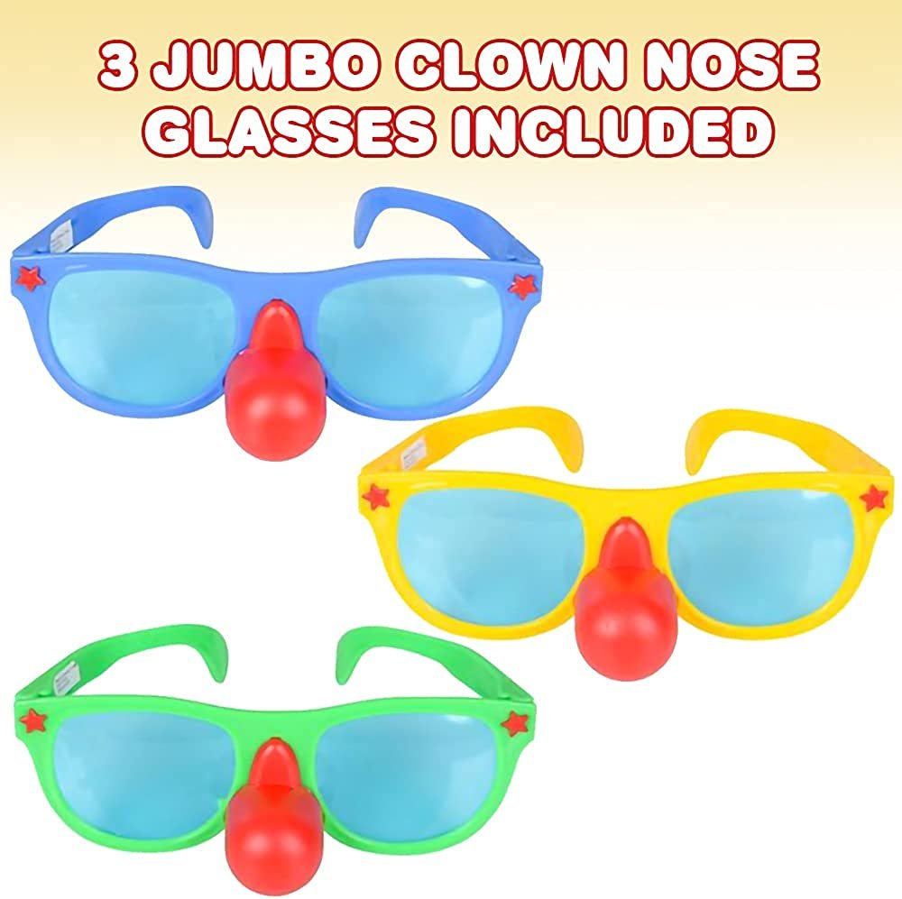 Jumbo Clown Nose Glasses, Set of 3, Clown Costume Accessories in Vibrant Assorted Colors, Funny Photo Booth Props, Unique Birthday Party Supplies, Game Prizes for Kids and Adults