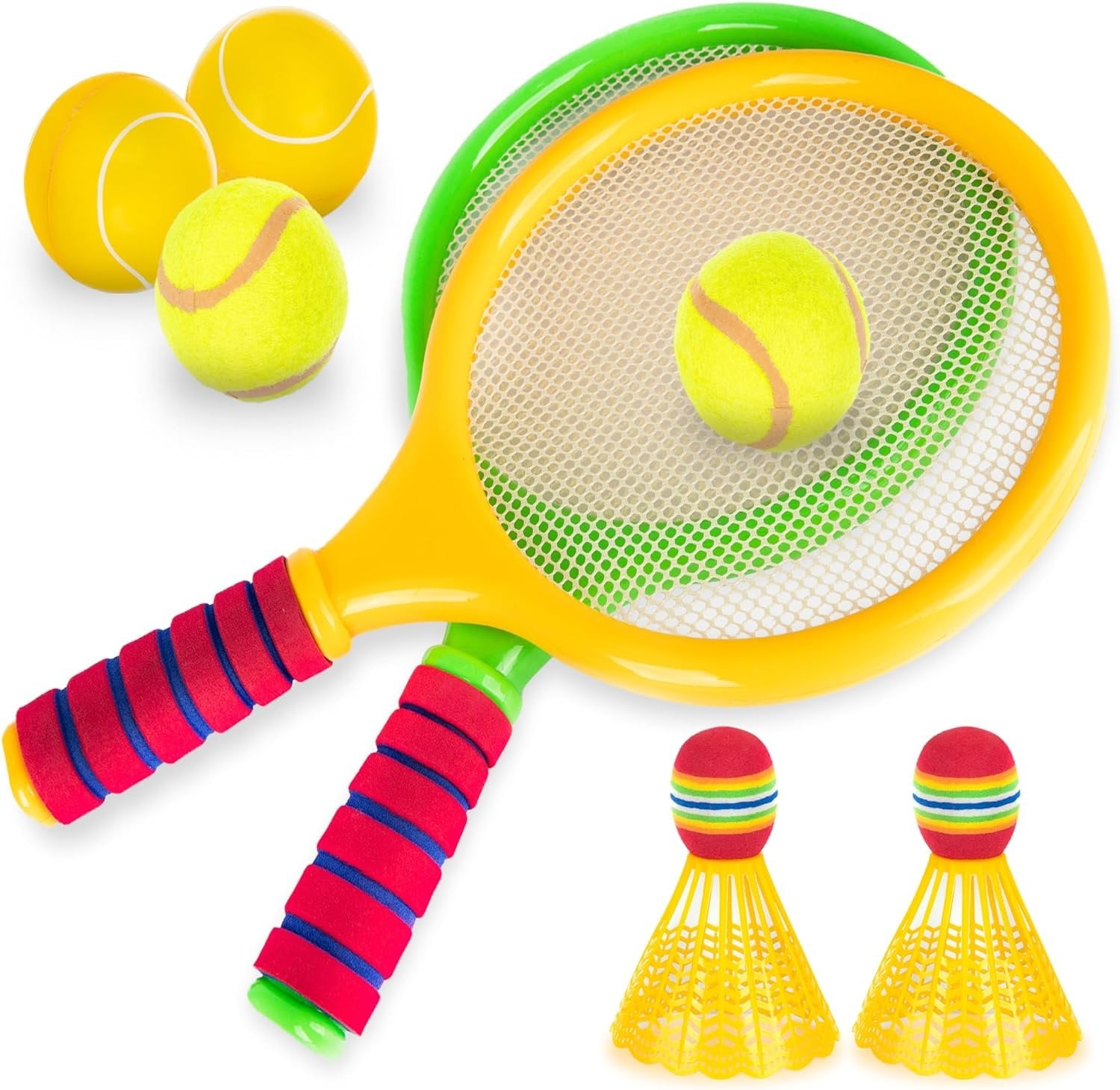 Kids Badminton Rackets Set - 9 Piece Badminton Set with 2 Rackets, 2 Bridies, 2 Soft Balls, 2 Tennis Balls, and Storage Bag - Toy Badminton and Tennis Rackets for Kids with Accessories