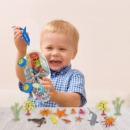 ArtCreativity Aquatic Vehicle Playset, 37-Piece Set with Assorted Ocean Animal Figures and a Clear Storage Truck, Ocean Toys for Kids That Work as Bath Toys and Under The Sea Party Decorations