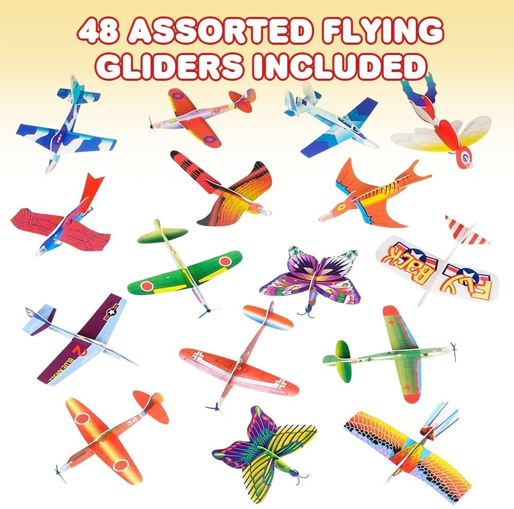 Foam Flying Glider Assortment for Kids, Set of 48, Lightweight Planes with Various Designs, Individually Packed Airplanes, Fun Birthday Party Favors, Goodie Bag Fillers for Boys & Girls