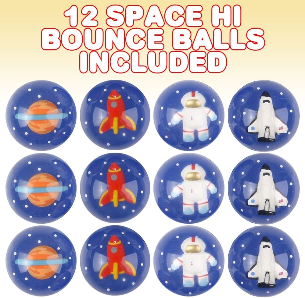 Space High Bounce Balls, Set of 12, Balls for Kids with 3D Space Characters Inside, Outdoor Toys for Encouraging Active Play, Party Favors and Pinata Stuffers for Boys and Girls