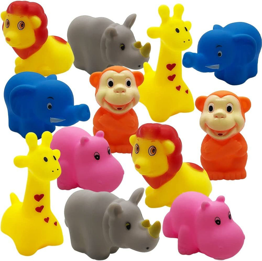 Vinyl Zoo Animals, Pack of 12 Assorted Squeezable Toys, Safari Birthday Party Favors for Kids, Fun Bath Tub and Pool Toys for Children, Educational Learning Aids for Boys and Girls