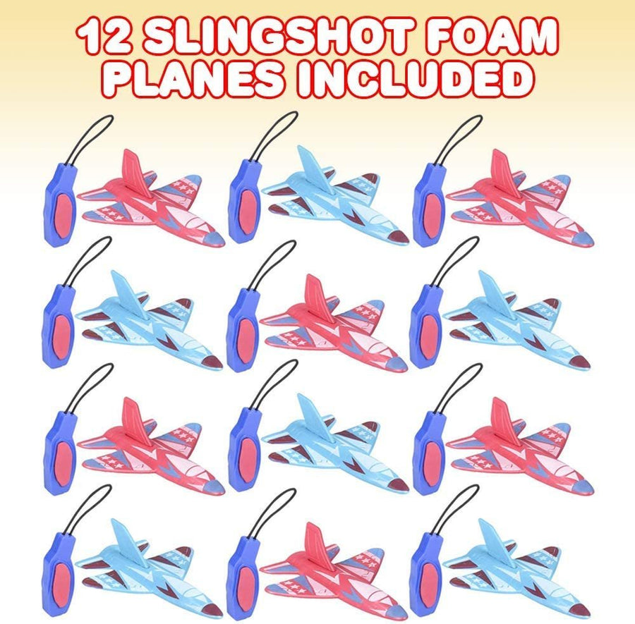 Sling Shot Foam Planes for Kids, Set of 12, Flying Airplane Toys for Kids, Outdoor Slingshot Fun, Aviation Birthday Party Favors, Goodie Bag Fillers, Prize Bin Toys for Boys and Girls