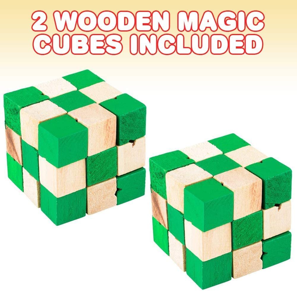 Wooden Magic Cube Puzzle, Set of 2, Colorful Mind Games, Stretch, Twist, and Lock Brain Teaser Fidget Sensory Toys for Kids, Stocking Stuffer and Party Favors for Boys and Girls