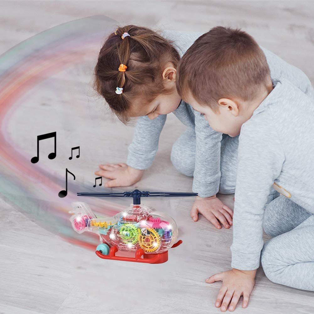 Light Up Transparent Toy Helicopter for Kids, 1PC, Bump and Go Toy Car with Colorful Moving Gears, Music, and LED Effects, Fun Educational Toy for Kids, Great Birthday Gift Idea