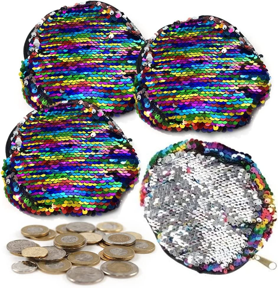 Rainbow Flip Sequins Coin Purses, Set of 4, Small Zipper Coin Bags for Girls, Cute Birthday Party Favors for Kids, Classroom Teacher Rewards, Goodie Bag Fillers