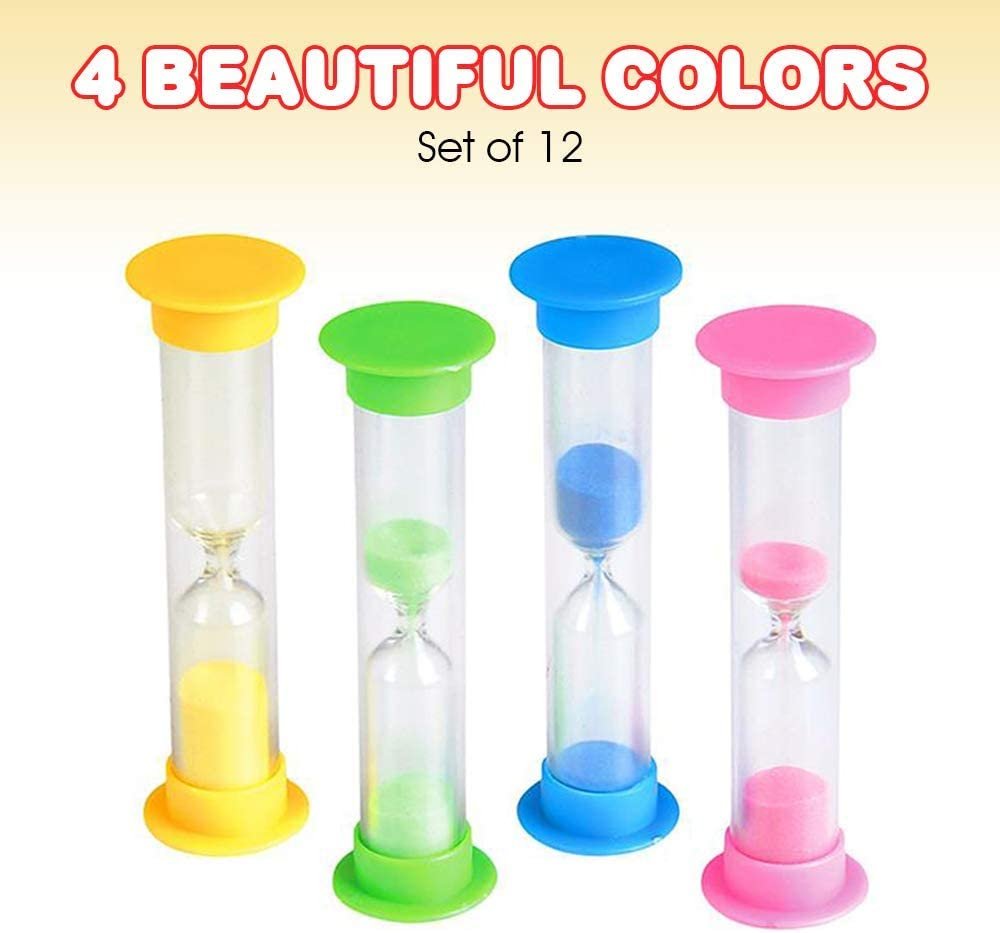 2 Minute Colored Sand Timers for Kids - Pack of 12 - 3.5" Durable PVC Hourglass Timers, Toothbrush and Classroom Visual Timers, Cool Birthday Party Favors and Goodie Bag Fillers