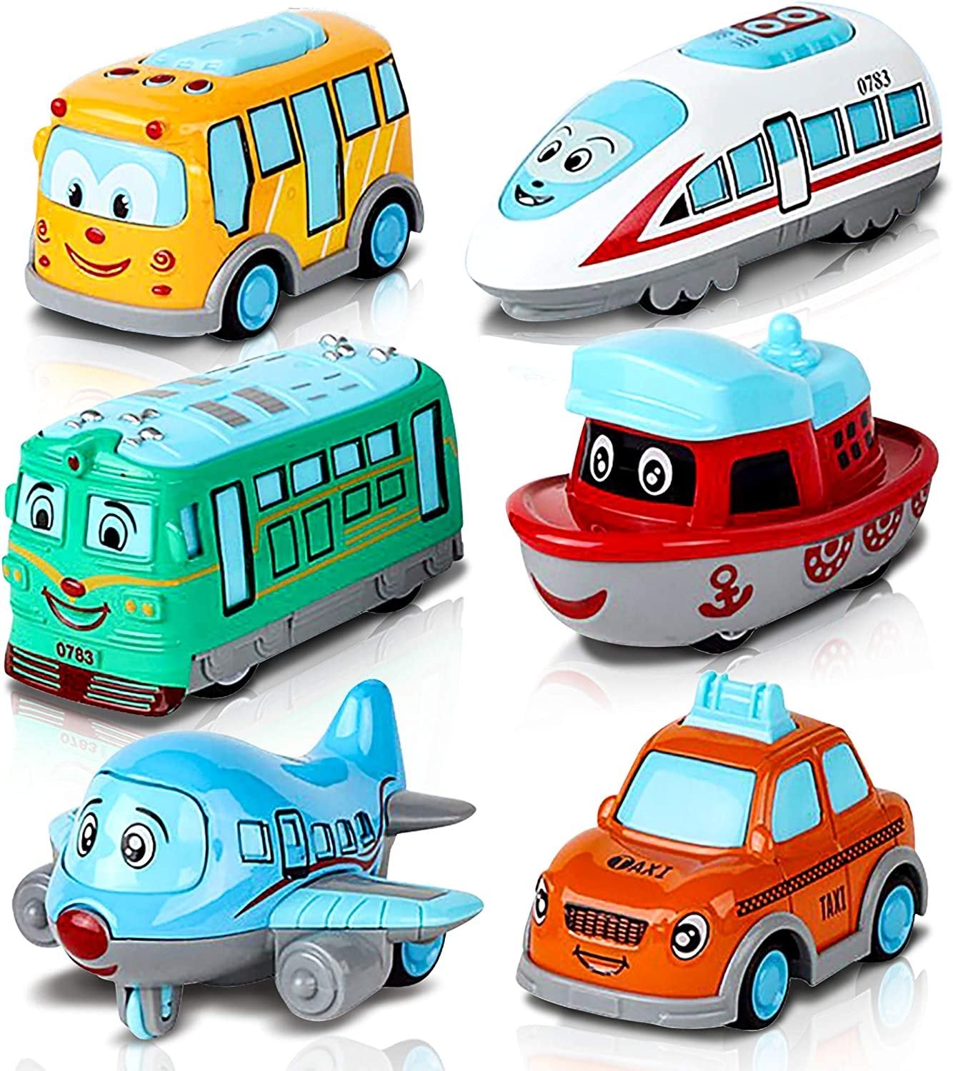 Metal Cartoon Car Set - Set of 6 Mini Pullback Toy Cars - Pullback Train, Bus, Taxi, Tram, Plane and Ship - Party Favors, Best Birthday Gift for Boys, Girls, Toddlers