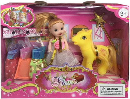 ArtCreativity Princess Pony Doll Play Set for Girls, Cute Playset with Doll, Horse, 4 Dresses, and Magic Wand, Durable Princess Pretend Play Toys, Best Holiday and Birthday Gift for Girls