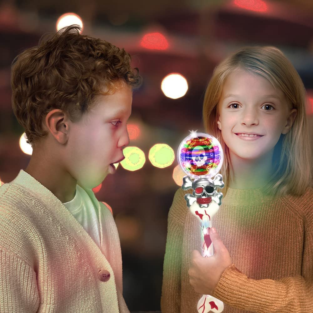 Light Up Spinning Skull Wand, 14" LED Spin Toy for Kids, Batteries Included, Great Idea for Boys and Girls, Pirate Birthday Party Favor, Carnival Prize