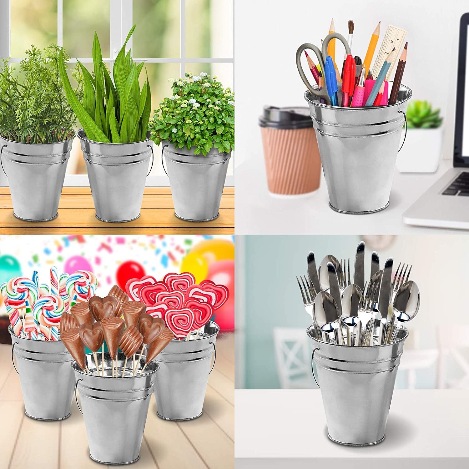 Large Galvanized Metal Buckets with Handles, 4.5" W x 5" H, 12 Pack, Metallic Pails for Party Favors, Rustic Wedding Decoration, Centerpieces for Party, Ice Bucket, Vase, Garden Planters