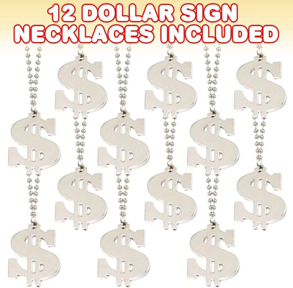 ArtCreativity Dollar Sign Necklaces, Set of 12, Plastic Necklaces for Kids with Metallic Silver Finish, Fun Mardi Gras Necklaces, Accessories for HipHop, Rap, or Halloween Costume