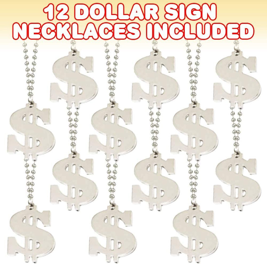 Dollar Sign Necklaces, Set of 12, Plastic Necklaces for Kids with Metallic Silver Finish, Fun Mardi Gras Necklaces, Accessories for HipHop, Rap, or Halloween Costume